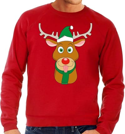 Foute kersttrui / sweater met Rudolf het rendier met groene kerstmuts rood voor heren - Kersttruien S