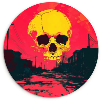 WallCircle® Wandcirkel 120x120 cm - Muurcirkel Straat - Verlaten - Schedel - Geel - Muurdecoratie woonkamer - Wanddecoratie slaapkamer - Kamer decoratie accessoires - Ronde schilderijen XXL