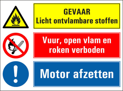 Licht ontvlambare stoffen, vuur open vlam en roken verboden, motor afzetten sticker 400 x 300 mm