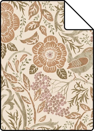 Proefstaal ESTAhome behang bloemen en vogels in art nouveau stijl zandkleurig, beige en oudroze - 26.5 x 21 cm - 139566-S