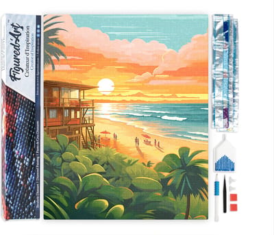 Figured'Art Diamond Painting set Volwassenen 40x50 cm Strandclub bij zonsondergang - 5D DIY Art full drill vierkante diamant - Opgerold canvas