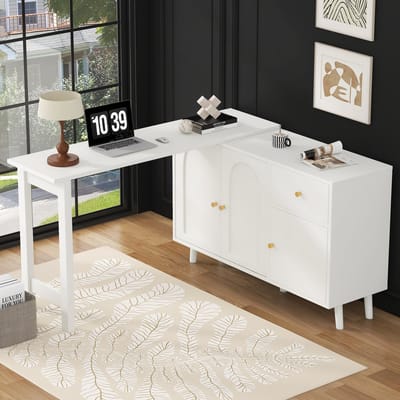 MIVRAY Bureau Met Draaibaar Dressoir - 2 In 1 Met 3 Deuren En Lade - Voor Woonkamer Slaapkamer Of Hoek - Spaanplaat - Wit