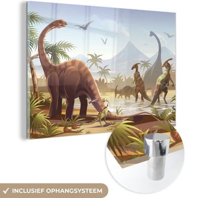 MuchoWow® Glasschilderij 120x80 cm - Schilderij acrylglas - Dinosaurus - Landschap - Tropisch - Kinderen - Jongens - Foto op glas - Schilderijen