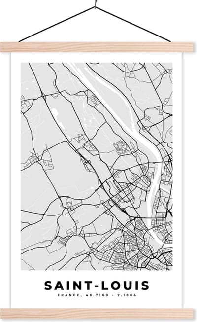 Posterhanger incl. Poster 40x60 cm - Schoolplaat - Plattegrond - Kaart - Stadskaart - Frankrijk - Saint-Louis - Textielposter - Blanke latten - Stadskaart