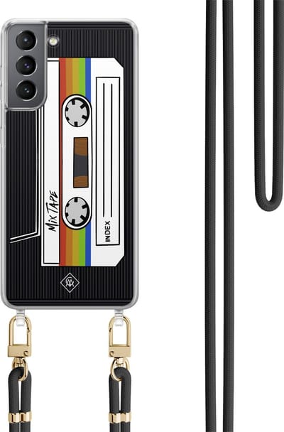 Casimoda® hoesje met koord - Geschikt voor Samsung S21 - Cassette Mixtape - Afneembaar koord - TPU/polycarbonaat - Zwart