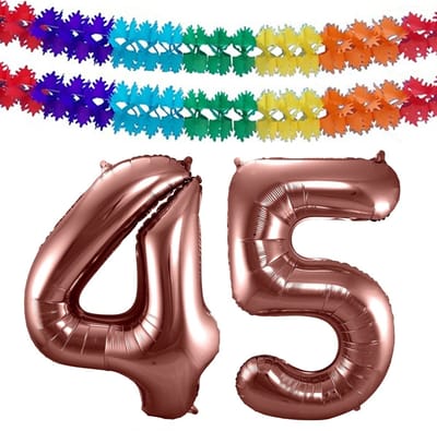 Folat Verjaardag Leeftijd folieballon - 45 jaar - rosé goud - 86 cm - cijferballon groot - incl 2x feestslingers
