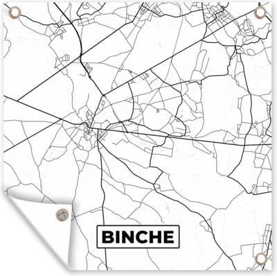 Tuin poster Zwart Wit – België – Plattegrond – Stadskaart – Kaart – Binche - 200x200 cm - Tuindoek