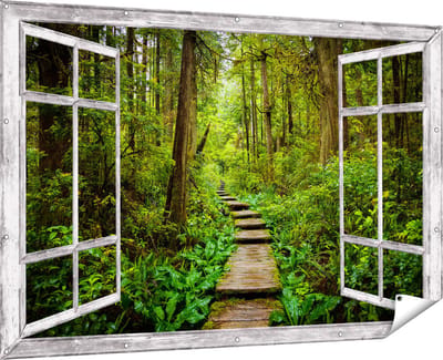 Gards Tuinposter Doorkijk Voetpad in het Bos met Groene Planten - 180x120 cm - Tuindoek - Tuindecoratie - Wanddecoratie buiten - Tuinschilderij