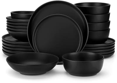 Luxe Serviesset – 24 delig – 6 persoons – Steengoed - Bordenset – Dinner platen – Dessertborden - Kommen - Pastabord - Zwart