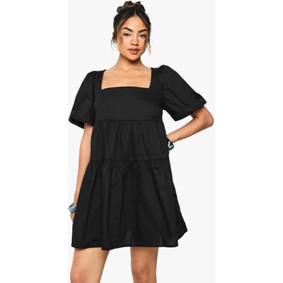 boohoo Dames Cotton Poplin Puff Sleeve Tiered Mini Dress | Black | Maat: 8