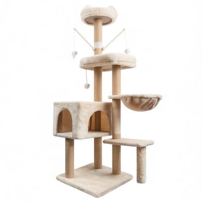 Krabpaal 145 cm speeltoren voor katten met 7 krabpalen 5 platforms 2 nesten beige