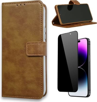 Casemania Hoesje Geschikt voor Apple iPhone 15 Bruin & Privacy Screenprotector- Portemonnee Book Case - Kaarthouder & Magneetlipje