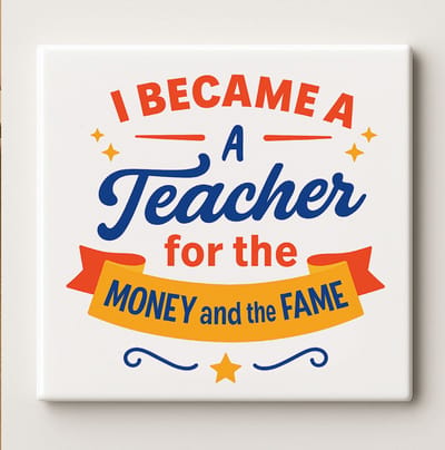 Grappige Leraar Quote Decoratieve Tegel 15x15 cm – “I Became a Teacher for the Money and the Fame” – Klaslokaal- & Kantoor Wanddecoratie