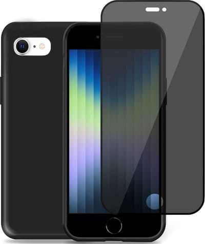 Hoesje geschikt voor iPhone SE 2022 + Privacy Screenprotector – Privé Gehard Glas Cover - Suède Case Zwart