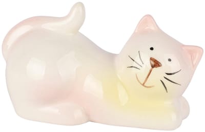 Dekoratief | Poes liggend 'Mia', wit/roze, dolomiet, 11x6x7cm | A260751