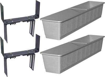 Set van 2 kunststof plantenbakken grijs rechthoekig 80 cm met 4 verstelbare balkon/muurbeugels