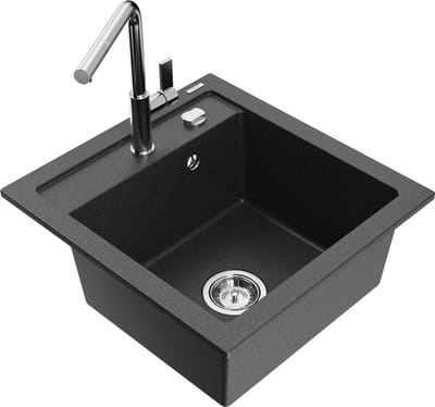 Mexen Vito granieten spoelbak 1-komoers met keukenkraan Flora, zwart gespikkeld - 6503-76-670401-00