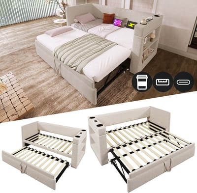 Gestoffeerde slaapbank 90x190 cm, eenpersoons slaapbank met uitschuifbaar bed, armleuningen met USB- en Type-C-oplaadpoort en bekerhouder, linnenmixstof, beige, zonder matras.