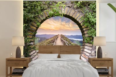 Behang - Fotobehang Brug - Zee - Doorkijk - Zomer - Breedte 280 cm x hoogte 280 cm