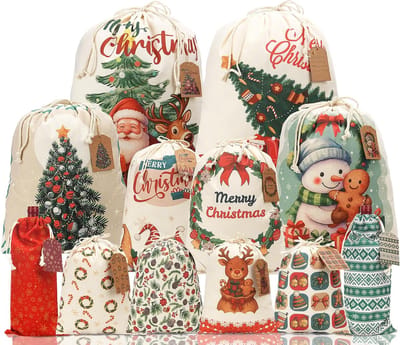 Set van 12 Herbruikbare Kerst Geschenkzakjes met Trekkoord en Tags