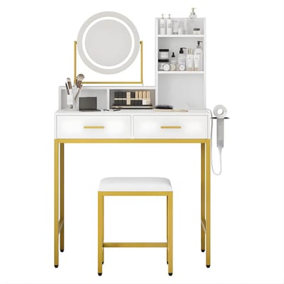 Kaptafel - Voor Slaapkamer - Grote Make-up Tafel met 360° Roterende Spiegel, Kruk en Verstelbare Helderheid in 3 Kleuren - Met USB-Poorten - Wit Gold
