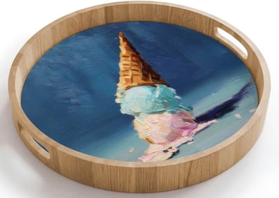 Dienblad rond 40x40 cm - Schootdienblad hout - Ijshoorn - Bolletjes - Smelt - Roze - Borrelplank rechthoek - Plateau houten dienbladen