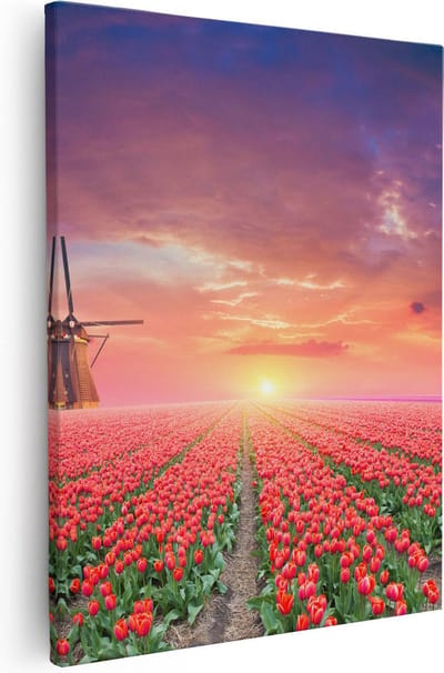 Artaza Canvas Schilderij Molen - 40x50 cm - Wanddecoratie Tulpen - Muurdecoratie Nederlands Landschap - Kamer Accessoires Zonsondergang