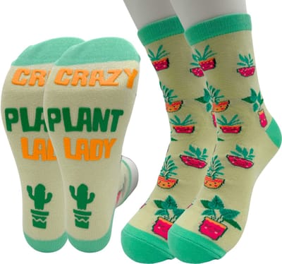 Tutti Footi - Crazy Plant Lady Sokken - Dames maat 37-41 - Groene Sokken met Planten en Grappige tekst op zool (anti-slip) - Kamerplanten/Cactus