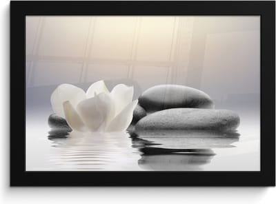 Poster in lijst - Fotolijst 30x20 cm - Posters - Stenen - Lotus - Wit - Water - Zen - Posterlijst zwart - Wanddecoratie badkamer - Muurdecoratie WC - Decoratieve accessoires - Toilet muur decoratie