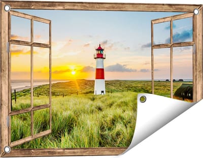 Gards Tuinposter Doorkijk Vuurtoren met Zonsopgang op een Eiland - 60x40 cm - Tuindoek - Tuindecoratie - Wanddecoratie buiten - Tuinschilderij