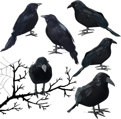 Halloween Black Crow Raven Decoratie - 6 Stuks - Zwart Veren - Realistisch Handgemaakt - Buiten Binnen Feest