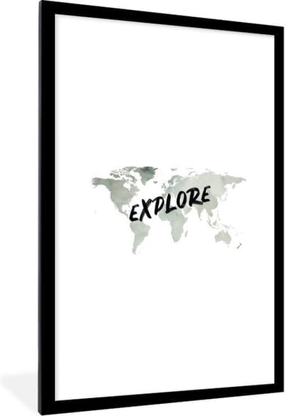 Poster in lijst - Fotolijst 80x120 cm - Posters - Wereldkaart - Aquarelverf - Explore - Posterlijst zwart - Decoratie - Wanddecoratie woonkamer - Muurdecoratie slaapkamer