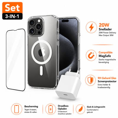 Compatible MagSafe Hoesje Geschikt voor iPhone 16 Pro + Screenprotector + Snellader Adapter Oplader – Transparant Telefoonhoesje met Magneet – USB-C Snellader 20W – Complete 3 in 1 Bescherming en oplaad set