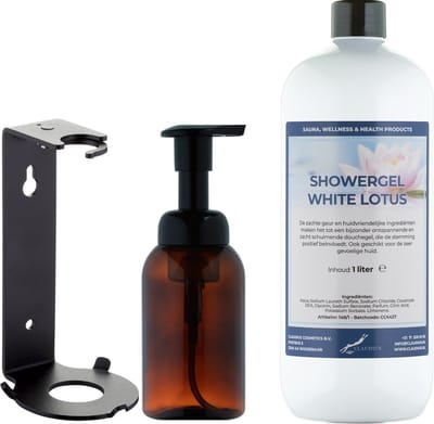 Zeepdispenser 300 ml amber bruin hervulbaar + 1 liter Showergel White Lotus navulling (inclusief beugel)
