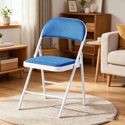 Deze metalen klapstoel heeft een zachte blauwe mesh-zitting een zwart stalen frame en meet 47x45x79 cm Hij heeft een draagvermogen van 150 kg en dankzij het ergonomische ontwerp is hij geschikt voor diverse omgevingen