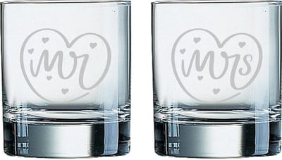 Gegraveerde set Whiskeyglazen 20cl Mr. In hartje - Mrs. In hartje