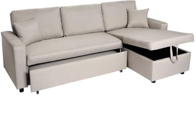 Hoekbank met bed box MCW-L17, bank L-vorm, ligvlak Nosag vering 228cm ~ beige