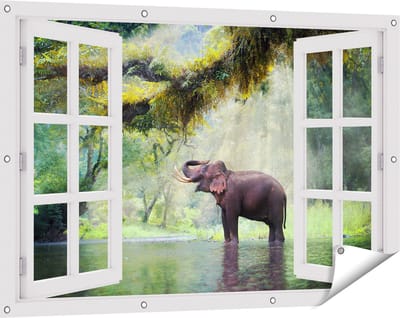 Gards Tuinposter Doorkijk Vrolijke Olifant in het Water - 120x80 cm - Tuindoek - Tuindecoratie - Wanddecoratie buiten - Tuinschilderij
