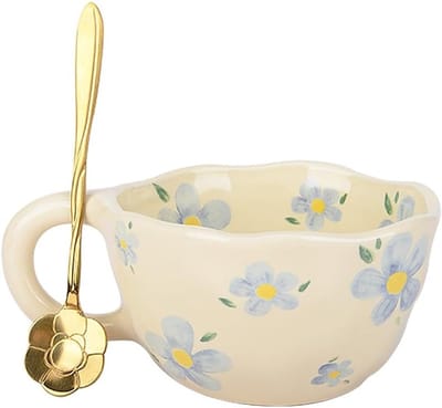 Handgemaakte Kawaii Koffiemok van Keramiek, Aesthetic Theemok met Lepel, Ideaal voor Melk, Cappuccino en Cacao, 250ml Inhoud