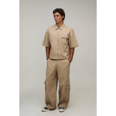 Oversized Overshirt Met Korte Mouwen & Wijde Cargo Broek Set | Stone | Size Small