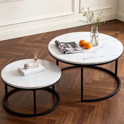 Salontafel set van 2 - ø 80/60 cm - Hoogte 45/33 cm - Bijzettafel Rond - Salon tafel Industrieel - Metalen frame Zwart - Tafelblad - Wit Marmer