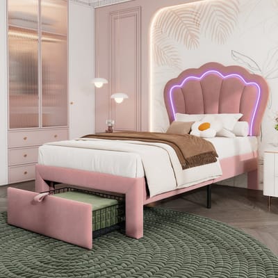 REDOM Kinderbed – 90x190 cm – Met RGB-LED & opberglade – Velvet – Roze