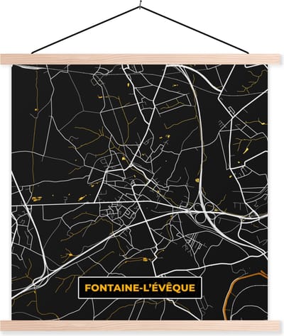 Posterhanger incl. Poster 40x40 cm - Schoolplaat - Fontaine-L'Évêque - Plattegrond - Goud - Kaart - Stadskaart - Textielposter - Blanke latten - Stadskaart