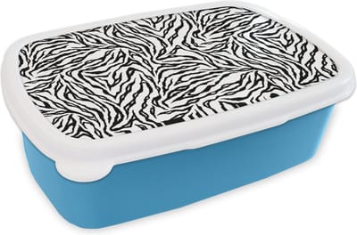 Broodtrommel Blauw - Lunchbox - Brooddoos - Tijgerprint - Zwart - Wit - Dieren - Patronen - 18x12x6 cm - Kinderen - Jongen
