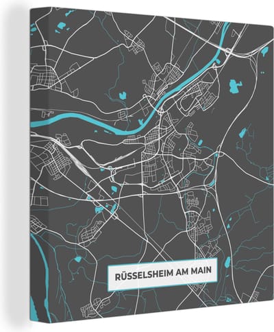 Canvas Schilderij Stadskaart – Kaart – Rüsselsheim am Main – Blauw – Duitsland – Plattegrond - 20x20 cm - Wanddecoratie