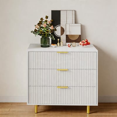 KOMHTOM - Commode met 3 lades - dressoir met modern design - opbergkast - wit en goud - H72/B80/D40 cm
