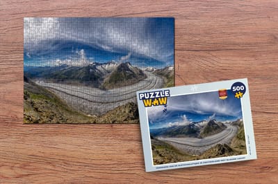 Puzzel Panorama van de Aletschgletsjer in Zwitserland met blauwe lucht - Legpuzzel - Puzzel 500 stukjes