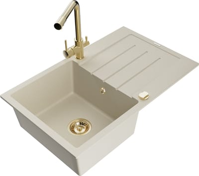 Mexen Bruno granieten gootsteen 1-komorige met afdruiprek en Duero keukenmengkraan, beige - 6513-69-671600-50