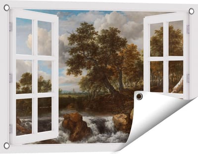 Gards Tuinposter Doorkijk Landschap met Waterval - Jacob van Ruisdael - 60x40 cm - Tuindoek - Tuindecoratie - Wanddecoratie buiten - Tuinschilderij
