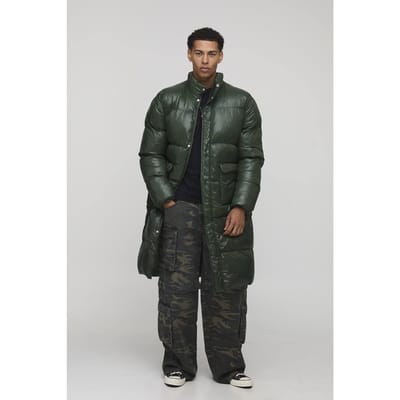 Regular Fit High Shine Longline Puffer Jacket | Khaki | Size XS